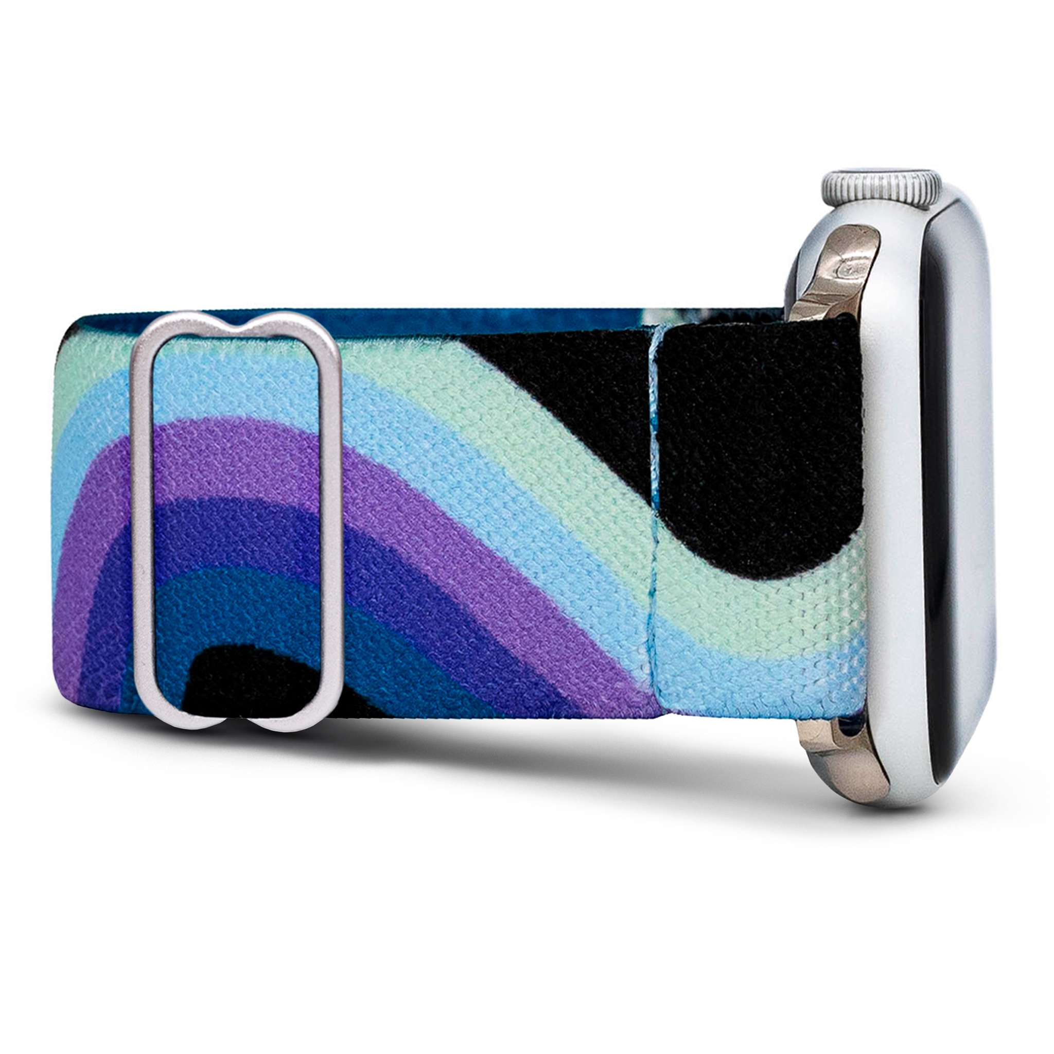 Smartwatch with a colorful, wavy-patterned fabric strap.